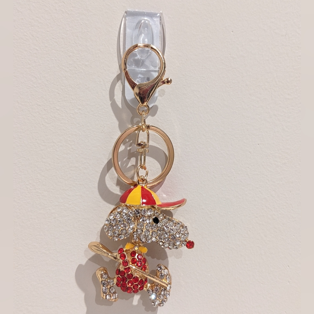 Snoopy Peanuts Bling Rhinestone Keychain Bag Charm With Red & Yellow Cap, NEW